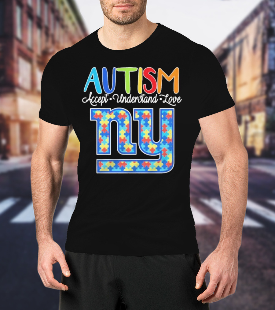 Autism Accept Understand Love NY Giants Puzzle Piece Pattern T-Shirt