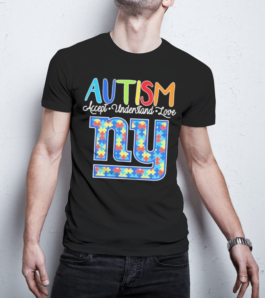 Autism Accept Understand Love NY Giants Puzzle Piece Pattern T-Shirt