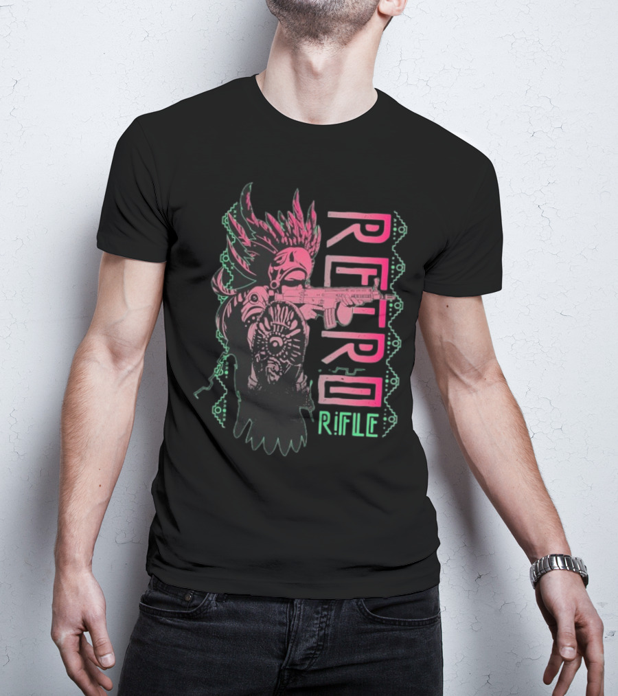 Retro Rifle Aztec Warrior Art Green Pink Feather Pattern T-Shirt