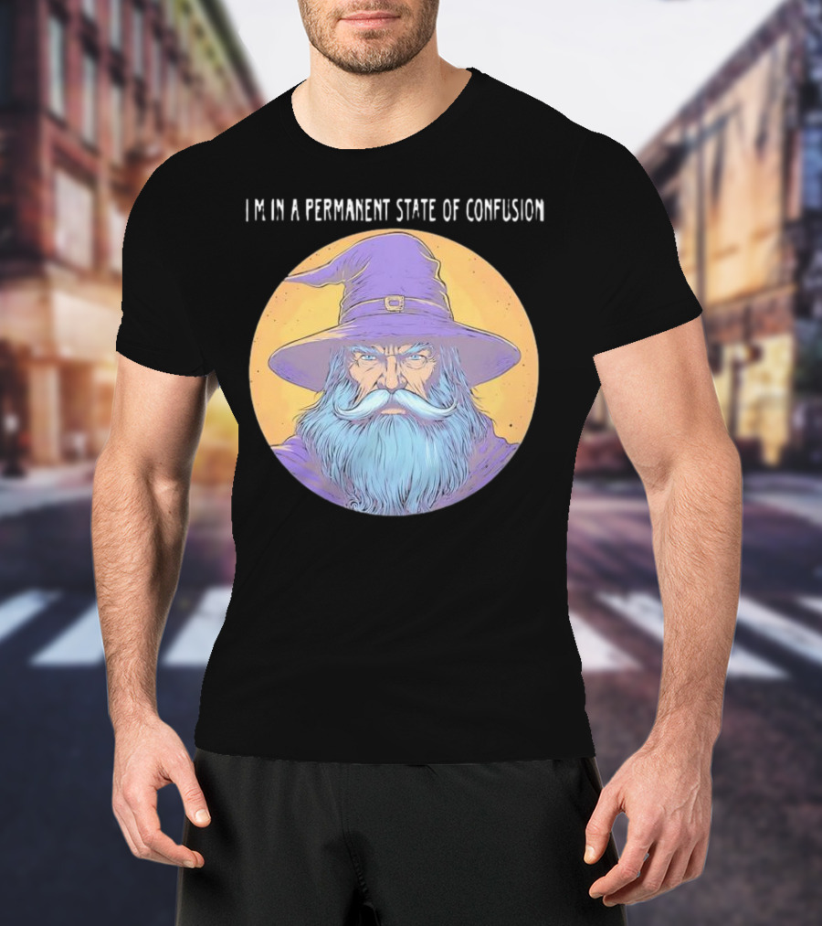 Wizard Magic I'm In A Permanent State Of Confusion Purple Hat Mystic Illustration T-Shirt
