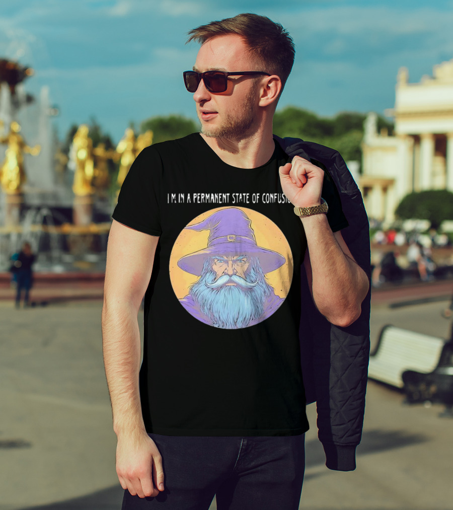 Wizard Magic I'm In A Permanent State Of Confusion Purple Hat Mystic Illustration T-Shirt