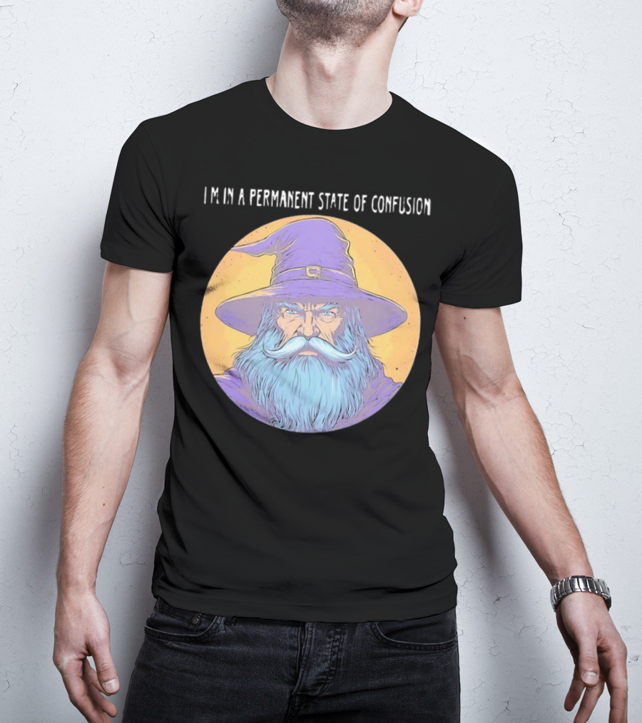 Wizard Magic I'm In A Permanent State Of Confusion Purple Hat Mystic Illustration T-Shirt