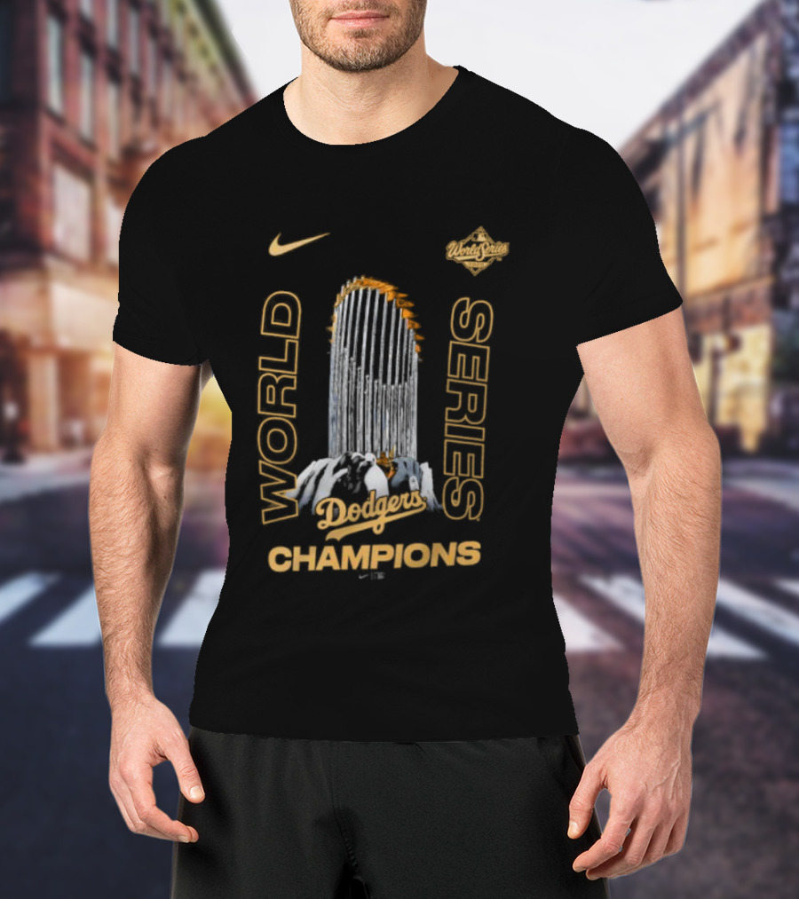 Los Angeles Dodgers Nike 2025 World Series Champions Raise The Trophy T-Shirt