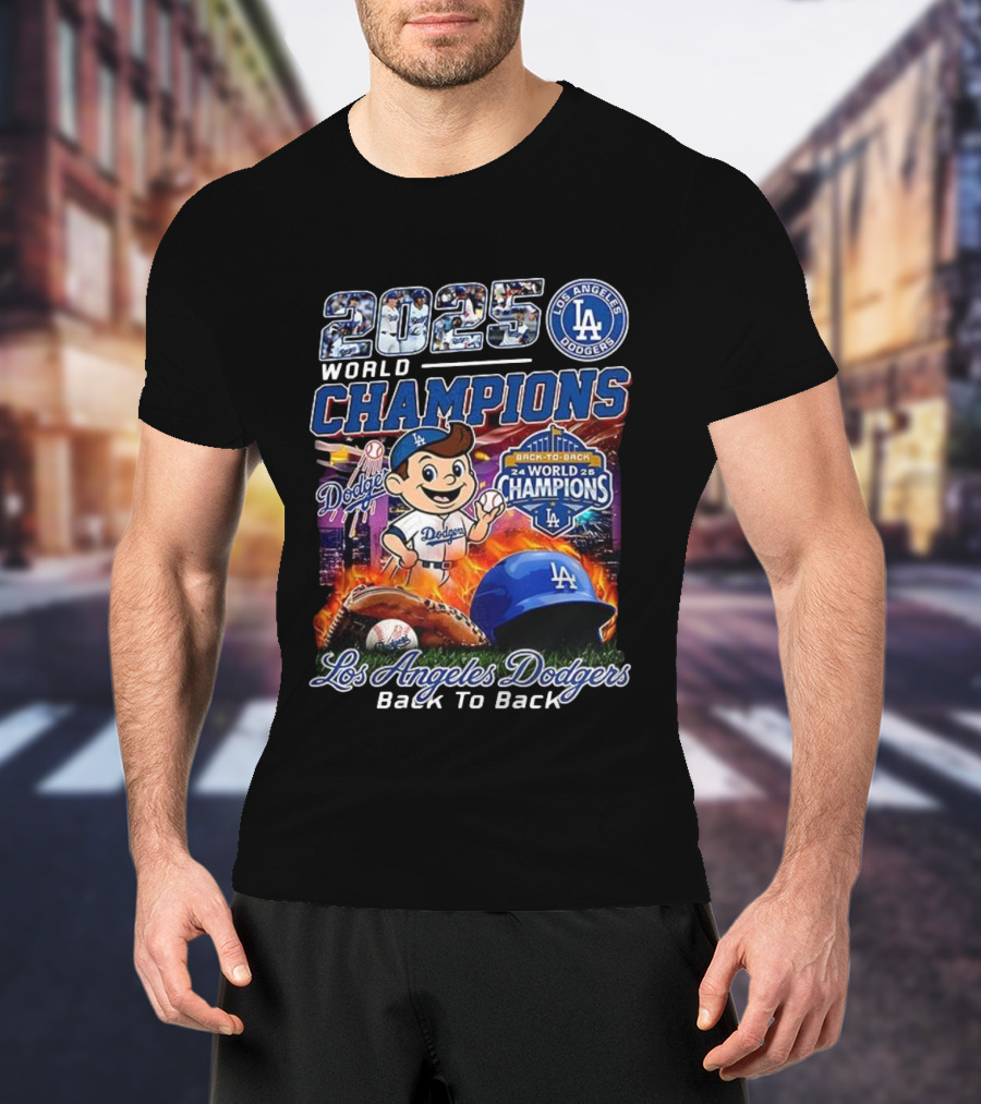 Los Angeles Dodgers 2025 Back To Back World Champions Dodgers Logo Baseball Gloves Helmet T-Shirt