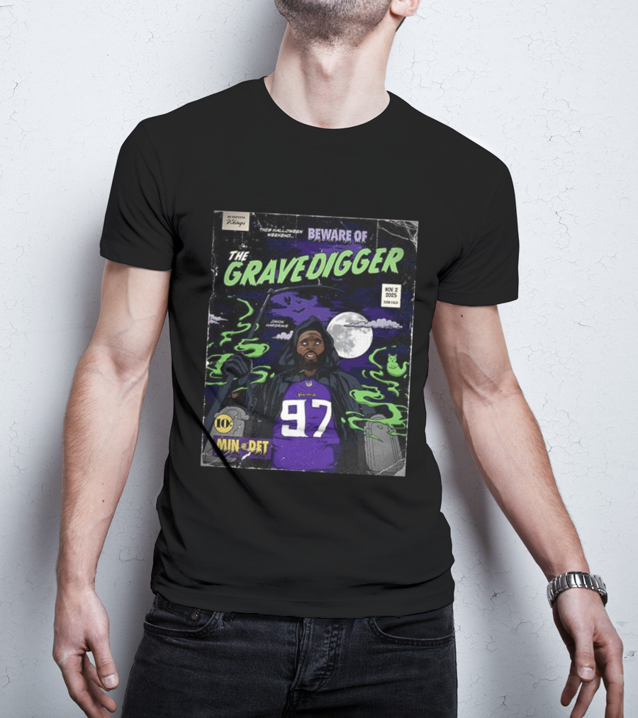 Minnesota Vikings Vs Detroit Lions 2025 Beware Of The Gravedigger Javon Hargrave Comic T-Shirt
