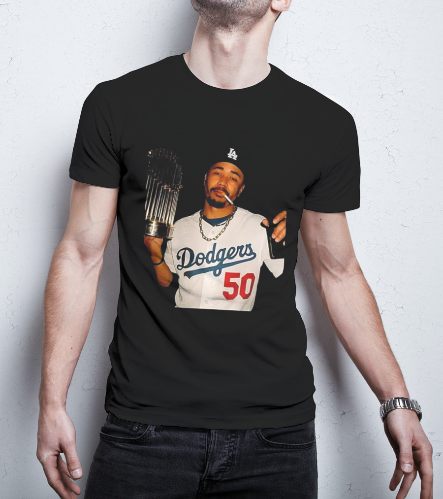 Mookie Betts Dodgers 2025 World Series Champions Celebration Smoking Topps T-Shirt