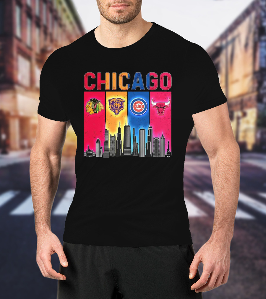 Chicago Blackhawks Bears Cubs Bulls Skyline T-Shirt