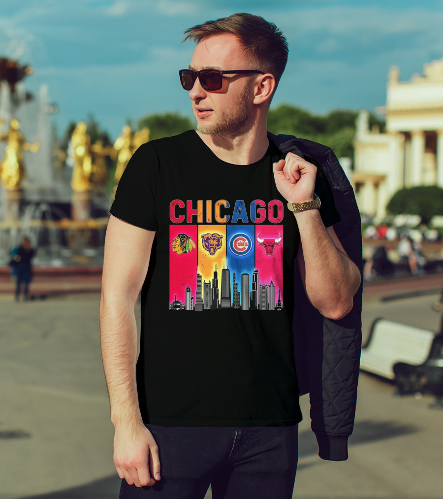 Chicago Blackhawks Bears Cubs Bulls Skyline T-Shirt