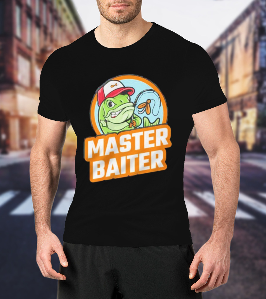Master Baiter Fishing Cartoon Fish With Red Cap And Fishing Rod T-Shirt