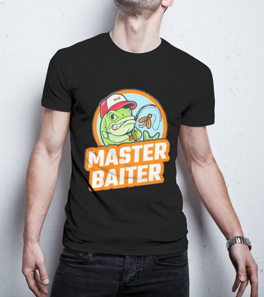 Master Baiter Fishing Cartoon Fish With Red Cap And Fishing Rod T-Shirt