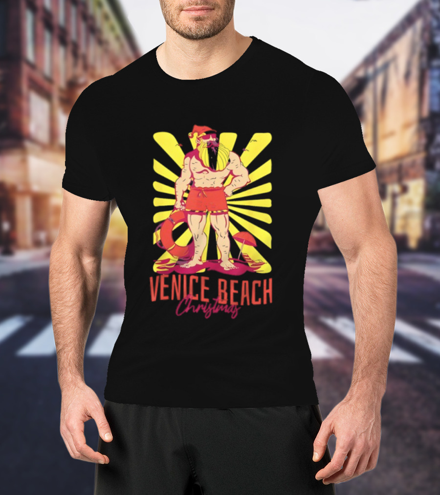 Venice Beach Christmas Lifeguard Santa Sunburst T-Shirt