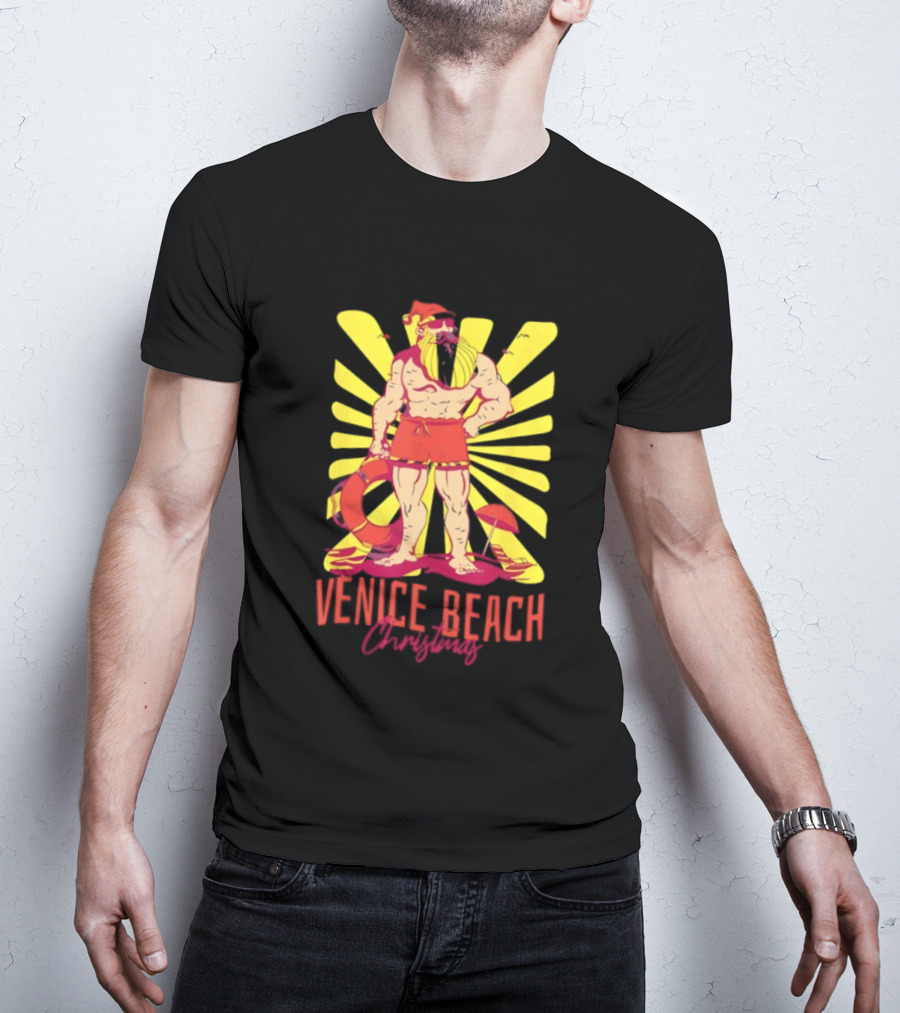 Venice Beach Christmas Lifeguard Santa Sunburst T-Shirt