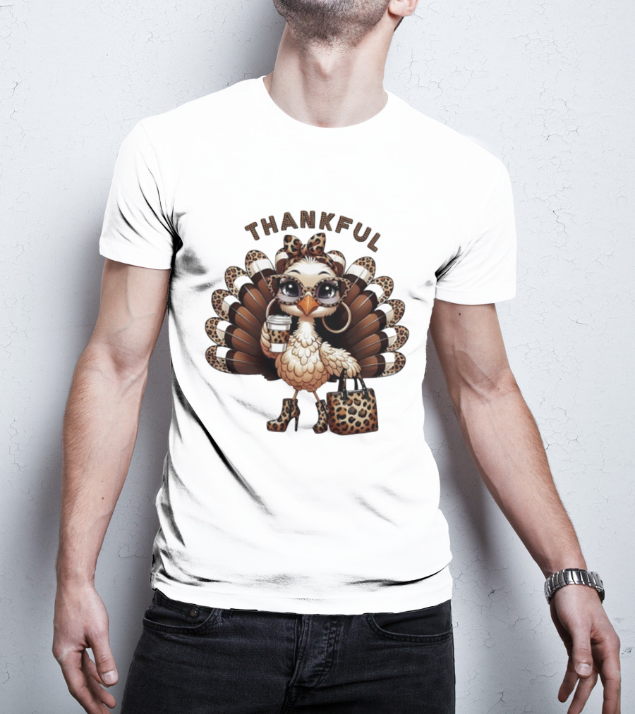 Thankful Leopard Print Turkey Coffee Lover Fashionista T-Shirt