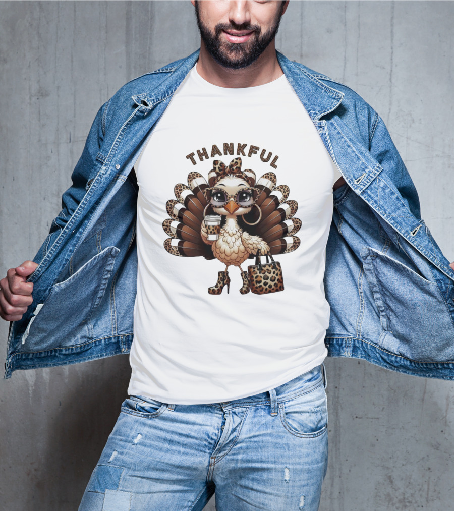 Thankful Leopard Print Turkey Coffee Lover Fashionista T-Shirt