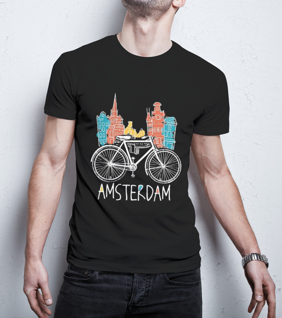 Amsterdam Bicycle Skyline Colorful Sketch Houses T-Shirt