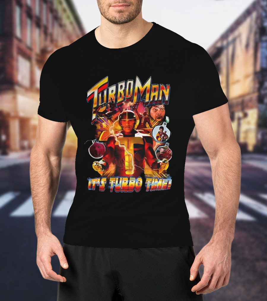Turbo Man It's Turbo Time Christmas Bauble Lightning Hero Scene T-Shirt