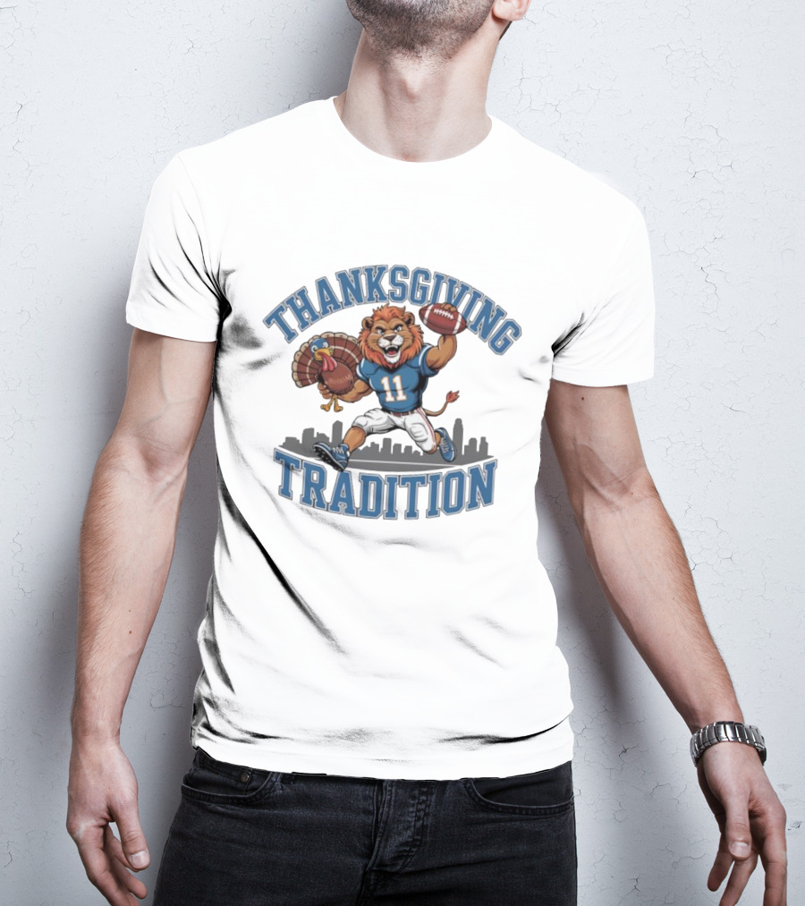 Thanksgiving Tradition Detroit Lions Football Mascot Number 11 Iconic Game Day Skyline T-Shirt