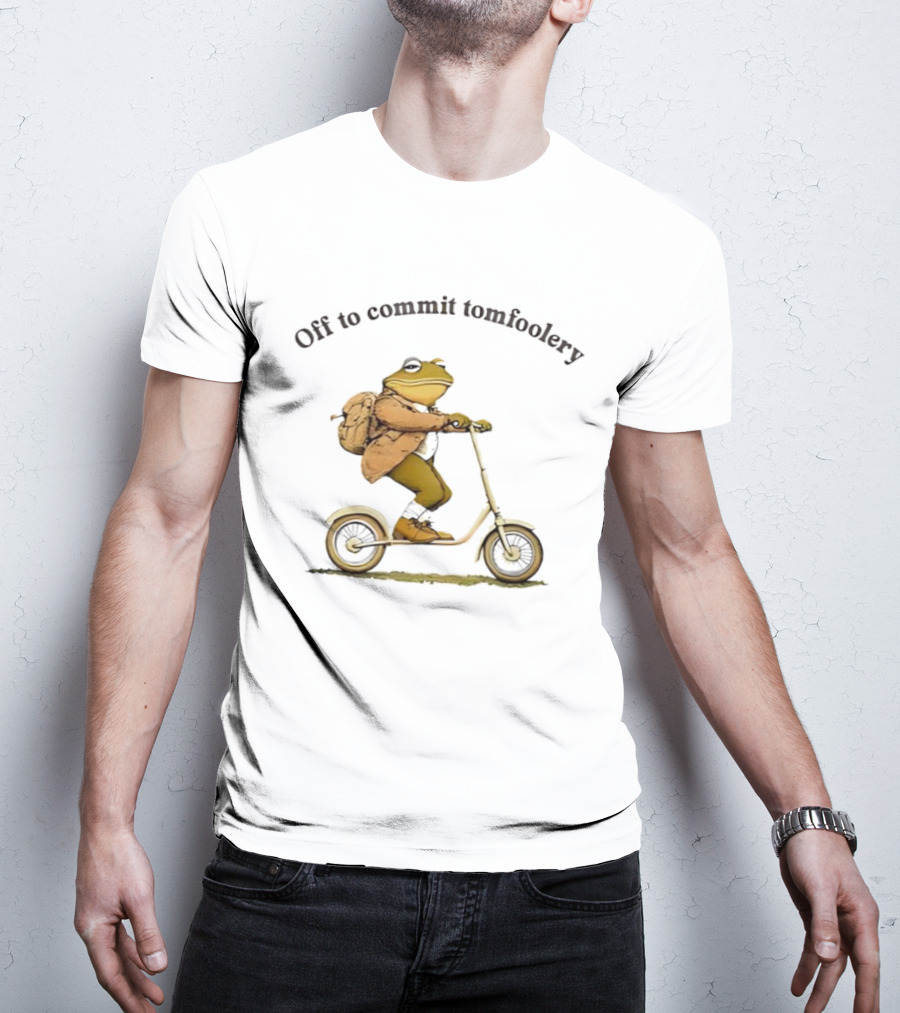 Off To Commit Tomfoolery Frog Riding Scooter With Backpack T-Shirt