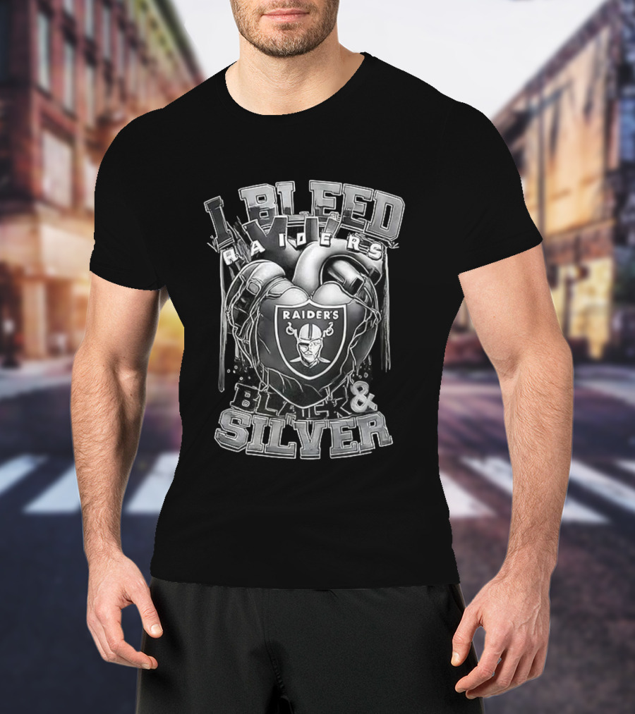 I Bleed Raiders Black And Silver Heart Football Fan Pride T-Shirt