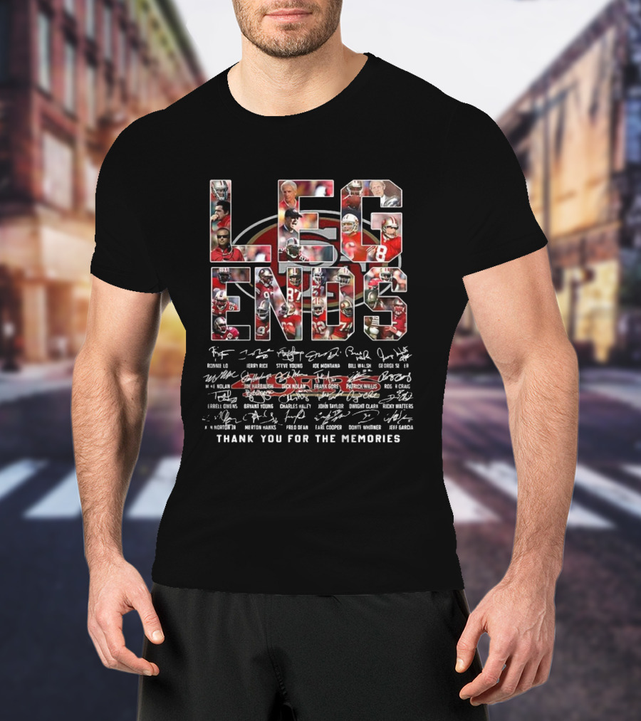 San Francisco 49ers LEGENDS Player Collage Thank You For The Memories Signatures T-Shirt