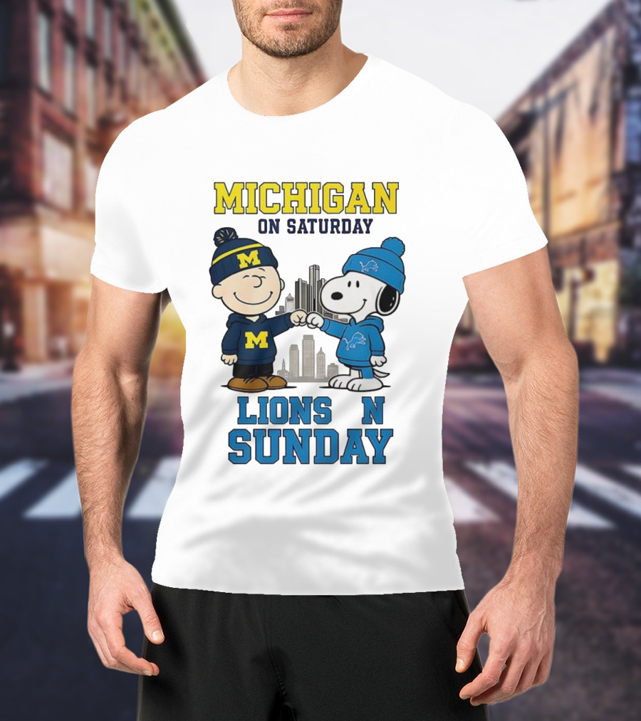 Michigan Wolverines On Saturday Charlie Brown And Snoopy Lions On Sunday T-Shirt