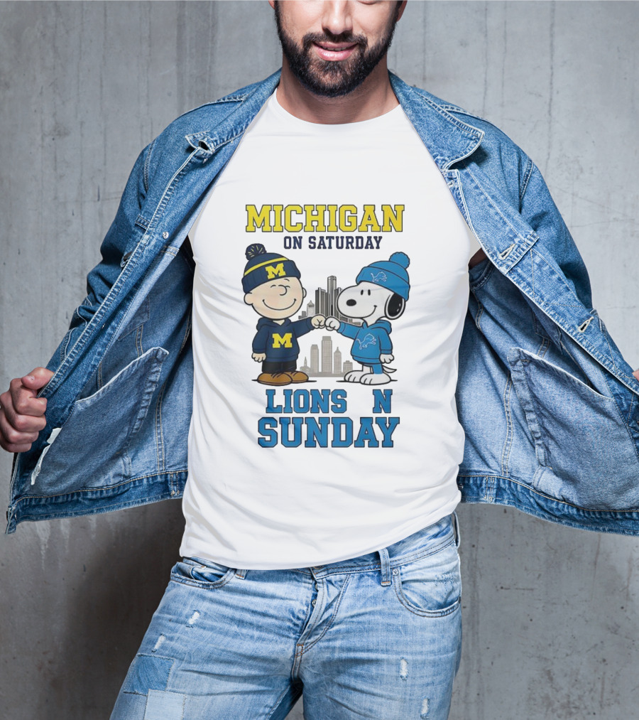 Michigan Wolverines On Saturday Charlie Brown And Snoopy Lions On Sunday T-Shirt