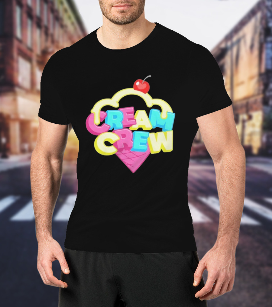 CREAM CREW Ice Cream Cone Cherry Top Colorful Text T-Shirt