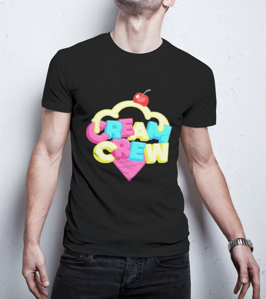 CREAM CREW Ice Cream Cone Cherry Top Colorful Text T-Shirt