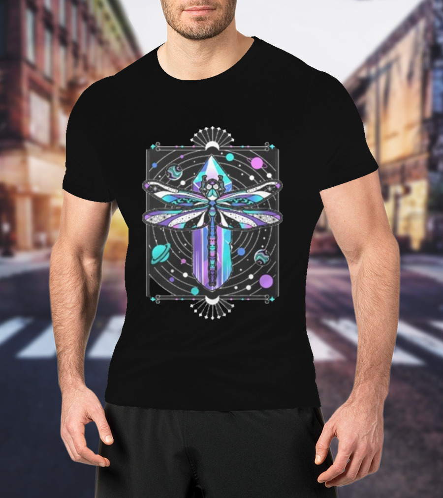 Inzo Soft Landing Psychedelic Dragonfly Crystal Space Planets T-Shirt