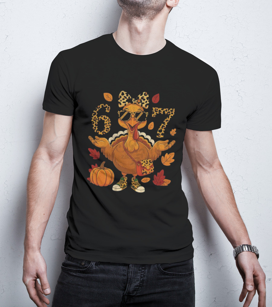 Boujee Turkey Leopard Bow 6 7 Meme Happy Thanksgiving Fall T-Shirt