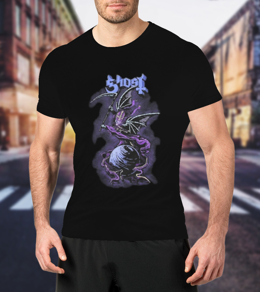 Ghost Papa V Perpetua Grim Reaper Purple Bat Wings Earth Scythe T-Shirt