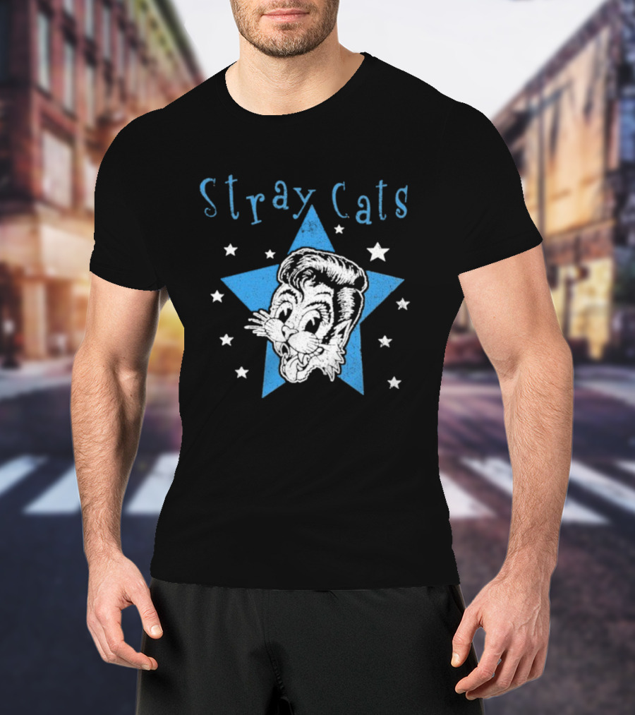 Stray Cats Rockabilly Star Cartoon Face With Blue Star T-Shirt