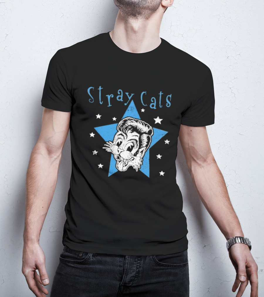 Stray Cats Rockabilly Star Cartoon Face With Blue Star T-Shirt