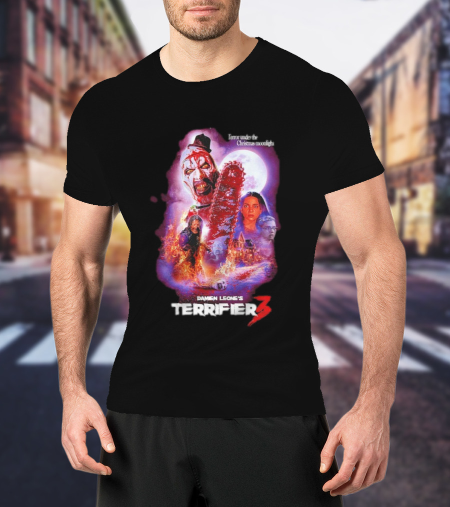 Damien Leone's Terrifier 3 Under The Christmas Moonlight Chainsaw Clown Horror T-Shirt