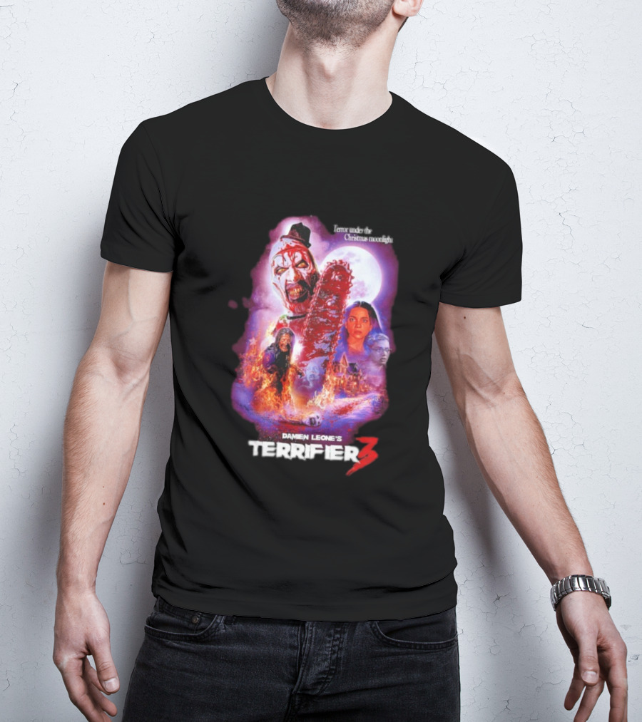 Damien Leone's Terrifier 3 Under The Christmas Moonlight Chainsaw Clown Horror T-Shirt