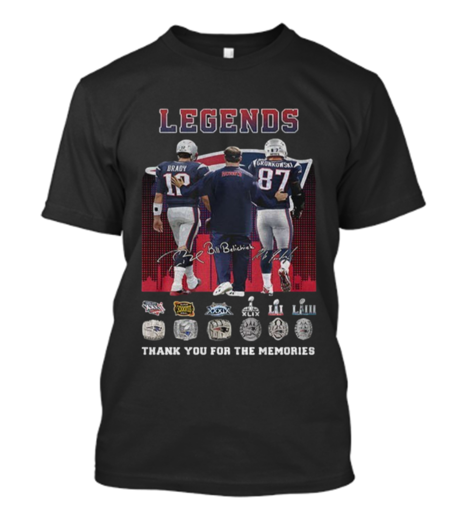 LEGENDS Brady Gronkowski Belichick New England Patriots Thank You For The Memories NFL Rings T-Shirt