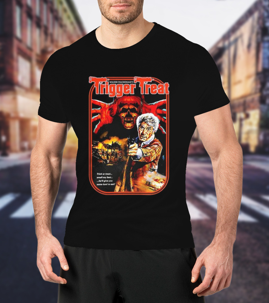 Walker Macdonald’s Trigger Treat Trick Or Treat Horror Skull And Shooter Scene T-Shirt