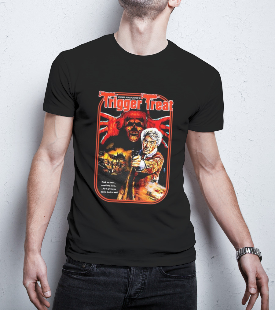 Walker Macdonald’s Trigger Treat Trick Or Treat Horror Skull And Shooter Scene T-Shirt