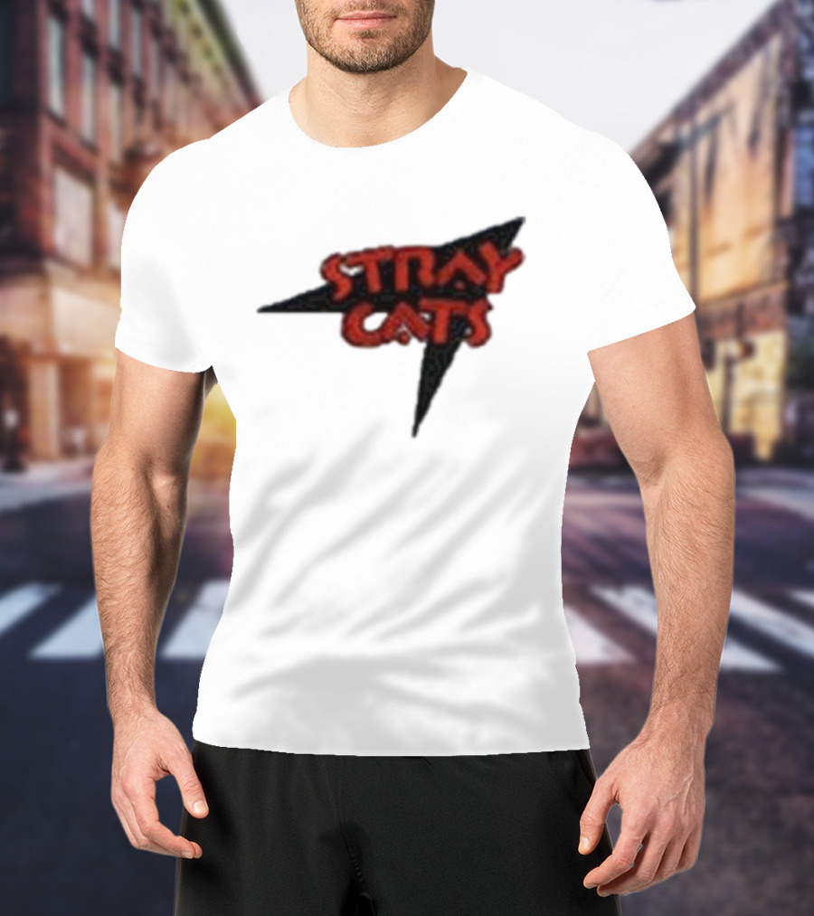 Stray Cats Rockabilly Band Red Text With Black Starburst Background T-Shirt