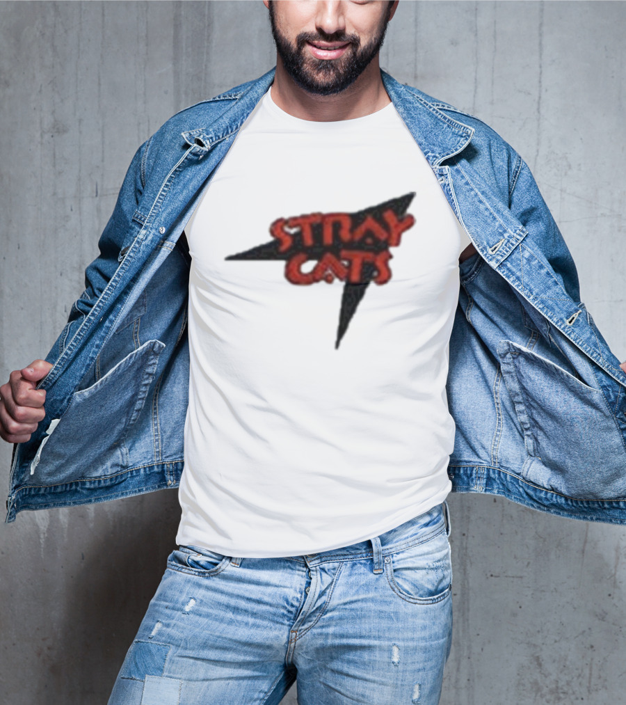 Stray Cats Rockabilly Band Red Text With Black Starburst Background T-Shirt