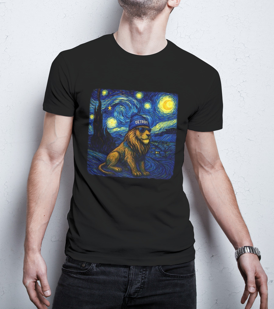 Detroit Lions Starry Night Van Gogh Style Lion With Beanie And Sunglasses T-Shirt