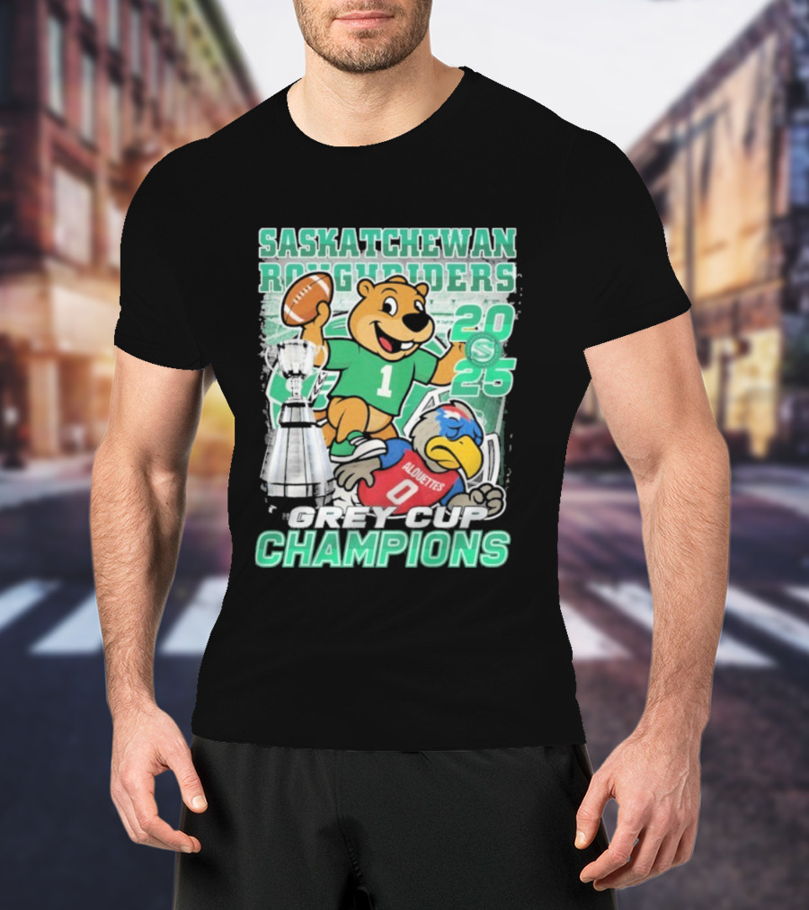 Saskatchewan Roughriders 2025 Grey Cup Champions Trophy Mascot Alouettes T-Shirt