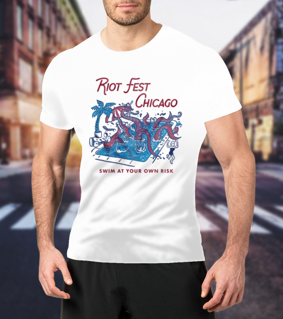 Riot Fest Chicago Swim At Your Own Risk Octopus Pool Scene T-Shirt