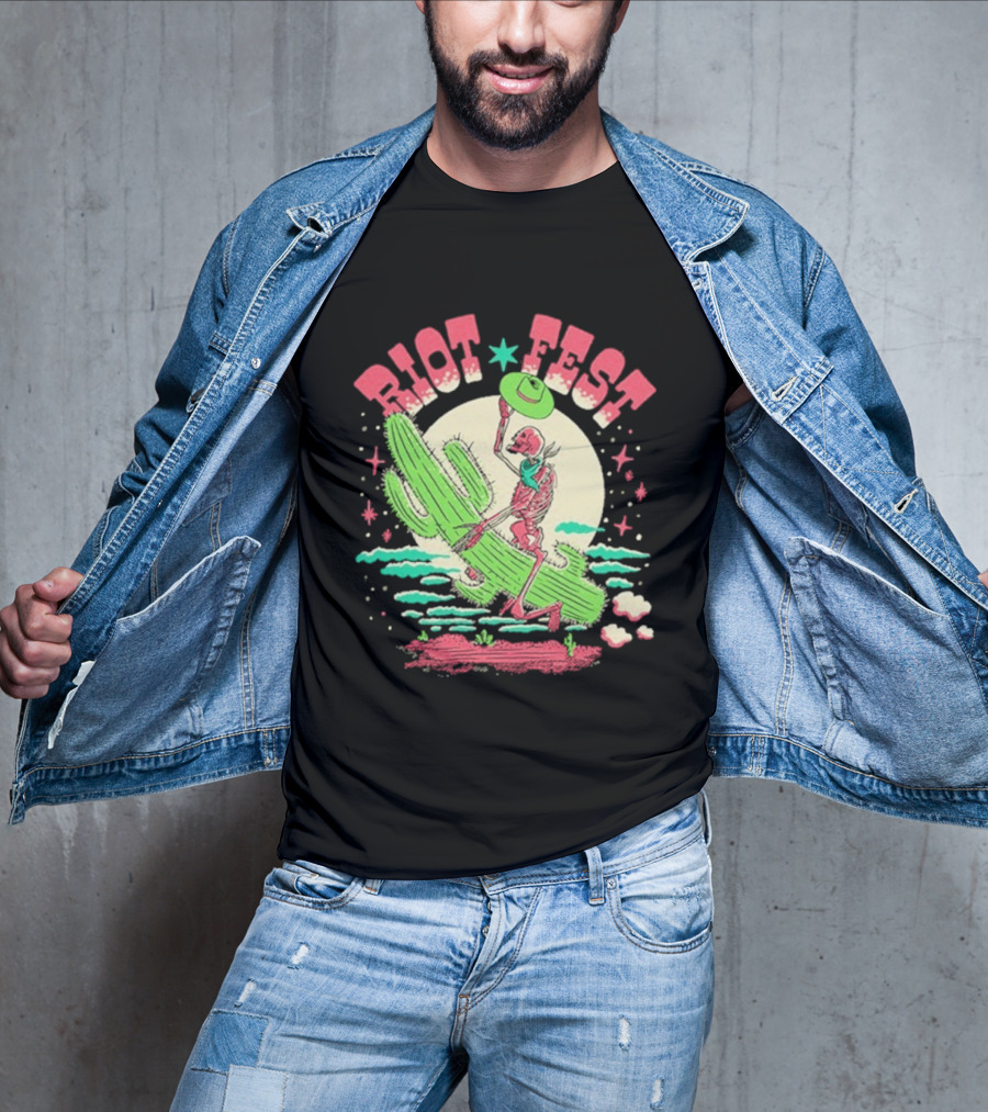 Riot Fest Skeleton Cactus Moon Scene Vintage Style T-Shirt
