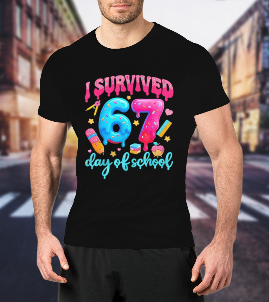 I Survived 67 Days Of School Pencil Cupcake Book Stars Hearts T-Shirt