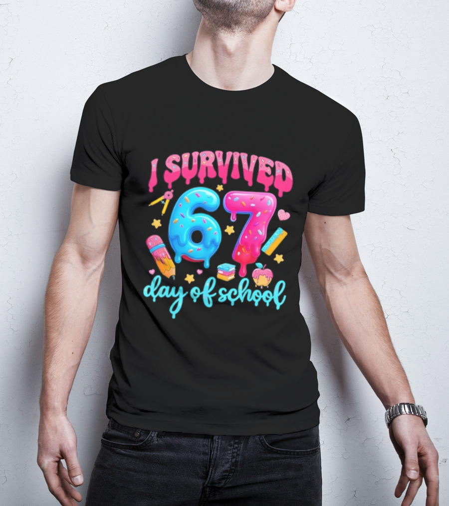 I Survived 67 Days Of School Pencil Cupcake Book Stars Hearts T-Shirt