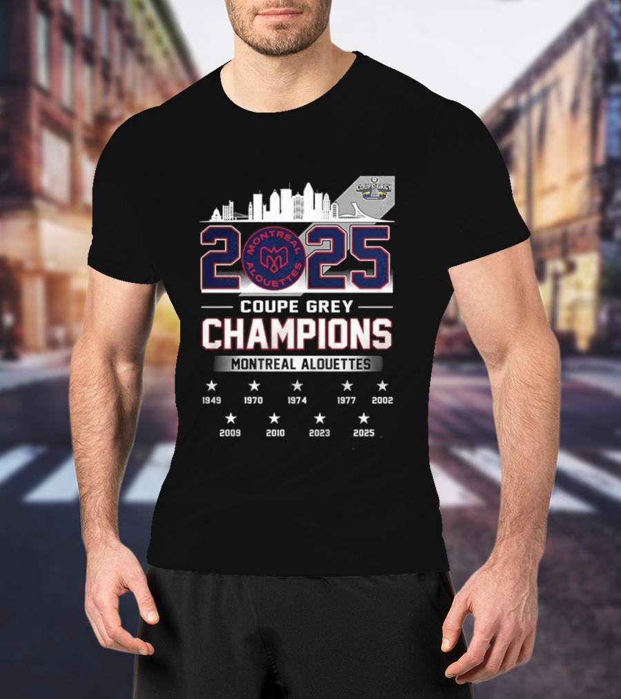 Montreal Alouettes 2025 Coupe Grey Champions City Skyline 1949-2002 T-Shirt