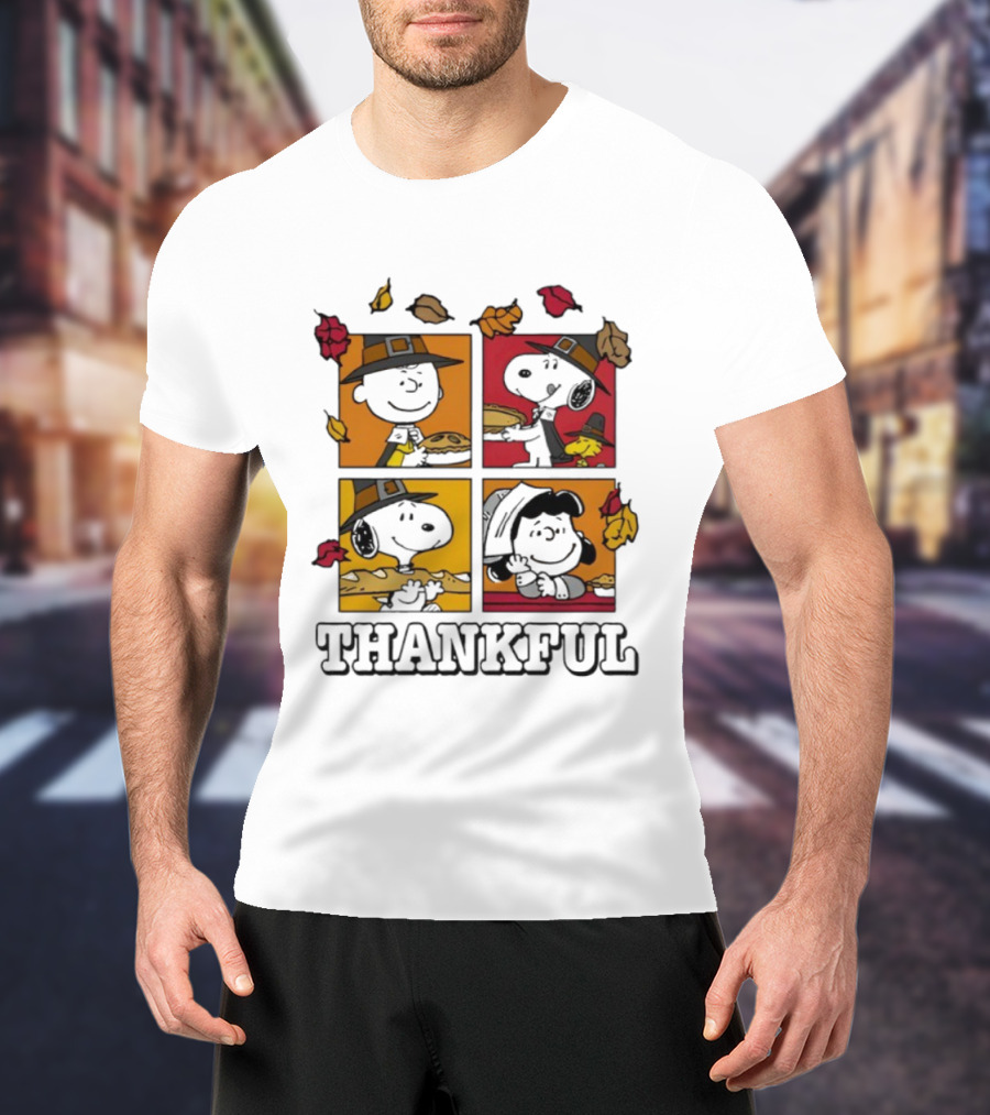 Snoopy Pilgrim Thanksgiving Thankful Leaves And Pie T-Shirt
