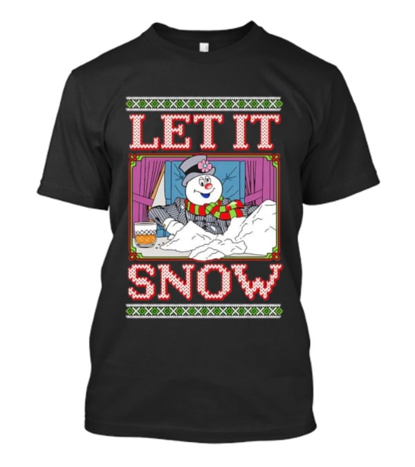 Let It Snow Christmas Snowman With Snow And Drink Scene T-Shirt