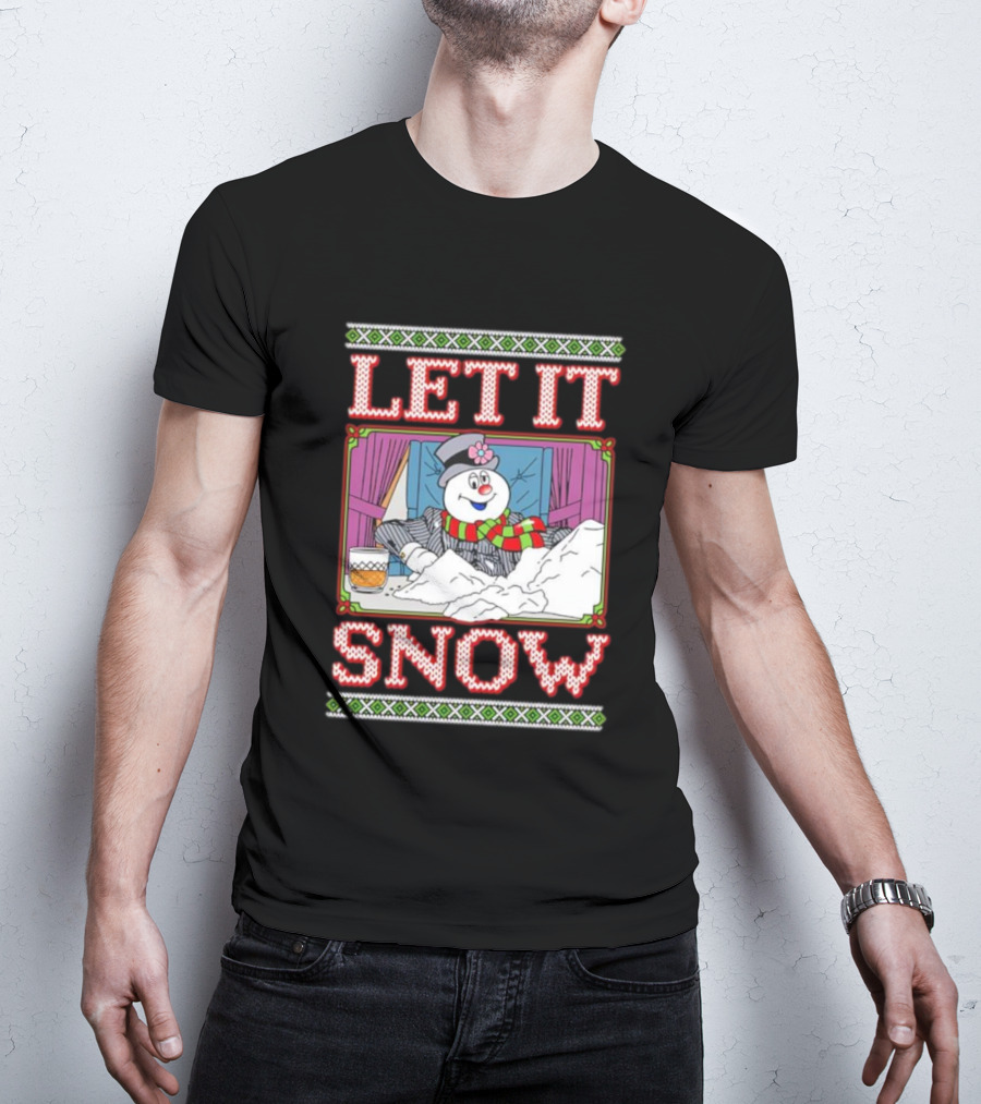 Let It Snow Christmas Snowman With Snow And Drink Scene T-Shirt